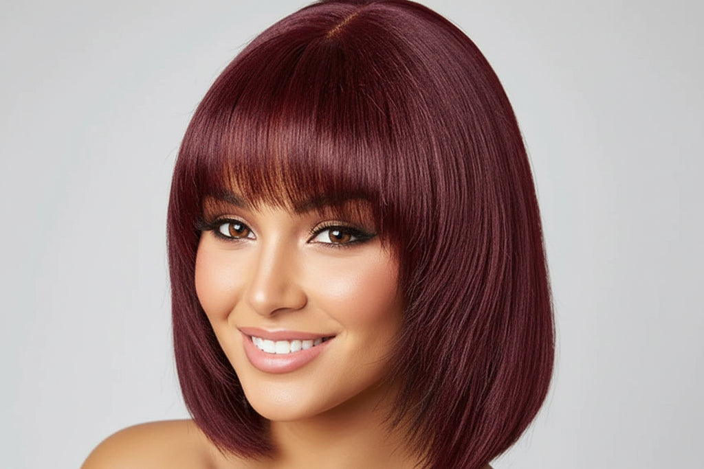 10 Inches Reddish Purple Layered Cut Yaki Straight #99J Lace Bob Wig With Bangs