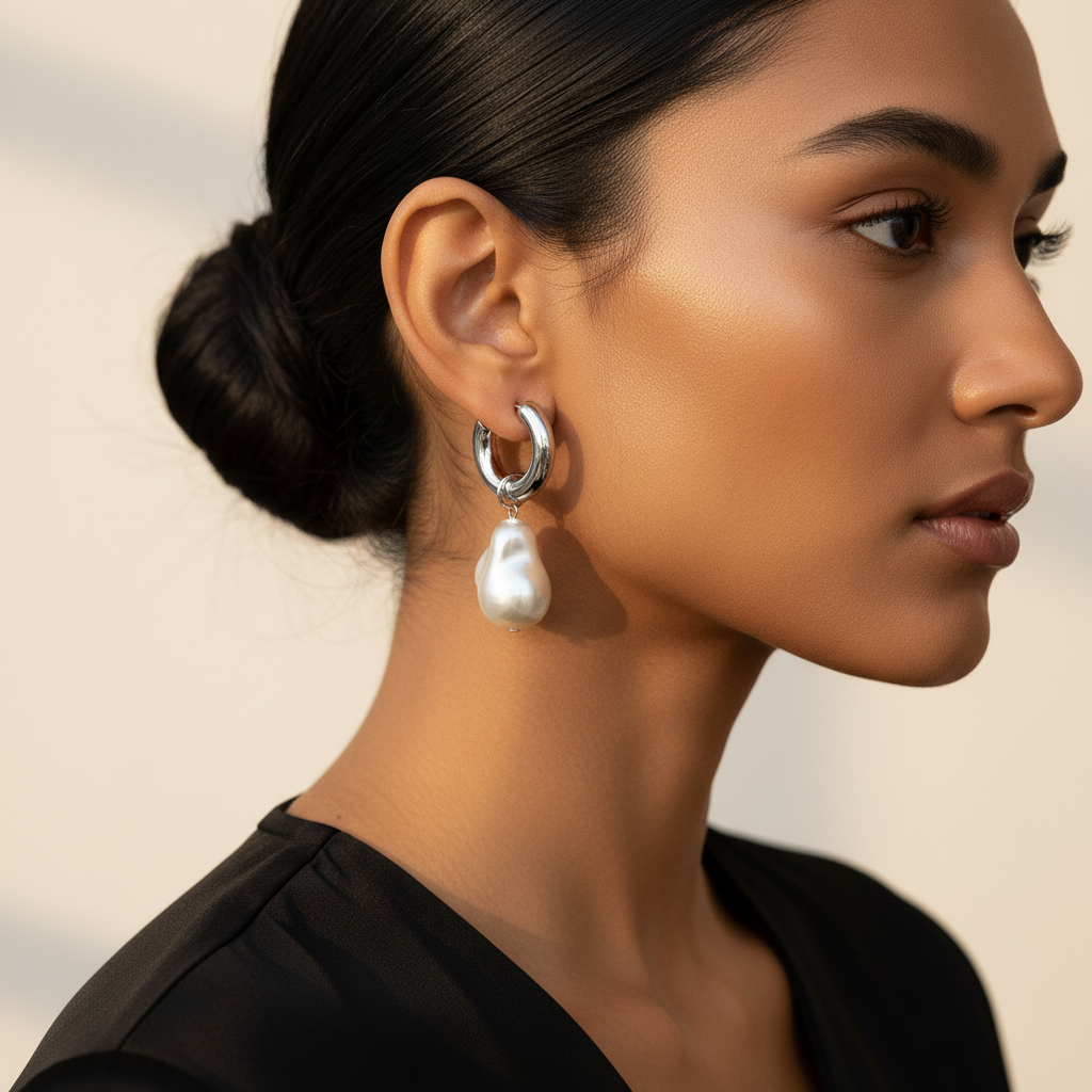 Baroque Pearl Huggie Earrings - Silver