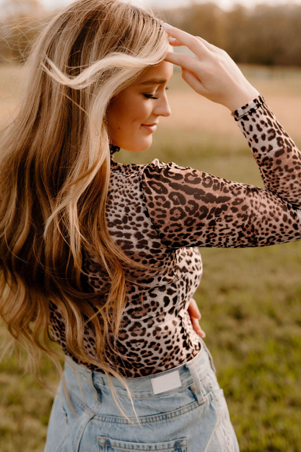 Leopard Print Smocked Neck Mesh Bodysuit