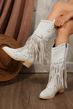 Load image into Gallery viewer, Jet Stream Faux Suede Studded Fringe Trim Heel Boots

