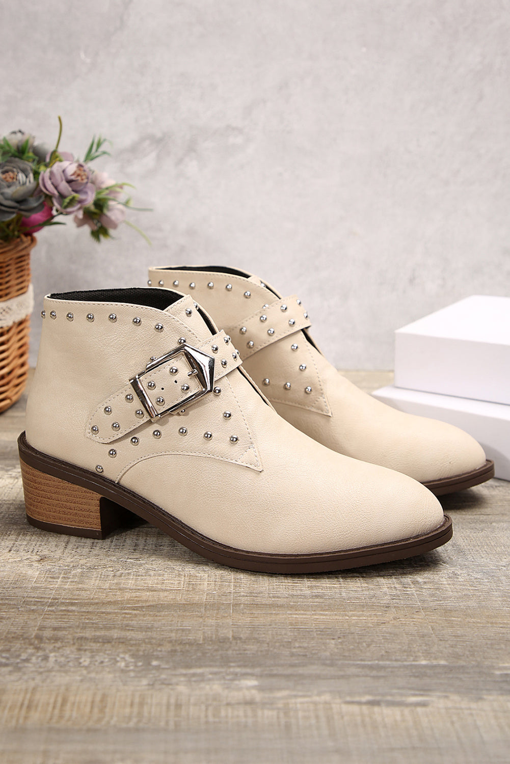 White Faux Leather Studded Pointed Toe Block Heel Ankle Boots