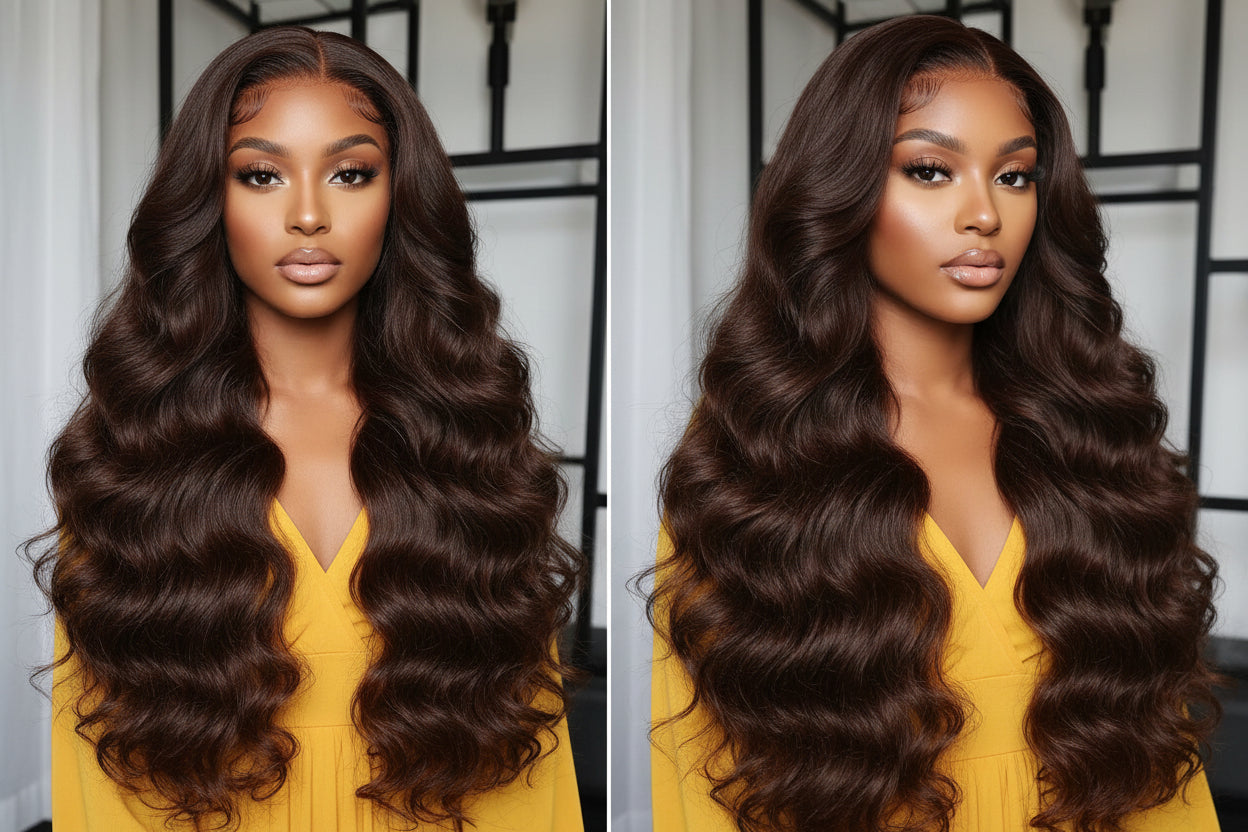 Chocolate Brown Body Wave 13x4 Lace Frontal Wig | HD Lace| 180% Density | 100% Human Hair | Pre Plucked With Baby Hair