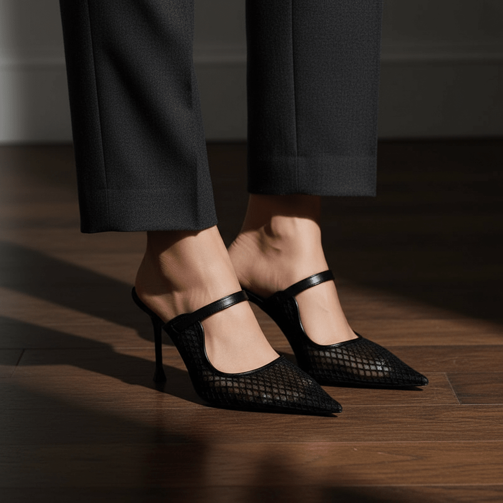 Pointed Toe Mesh Slingback Stiletto Mules — Black - The PM Edit