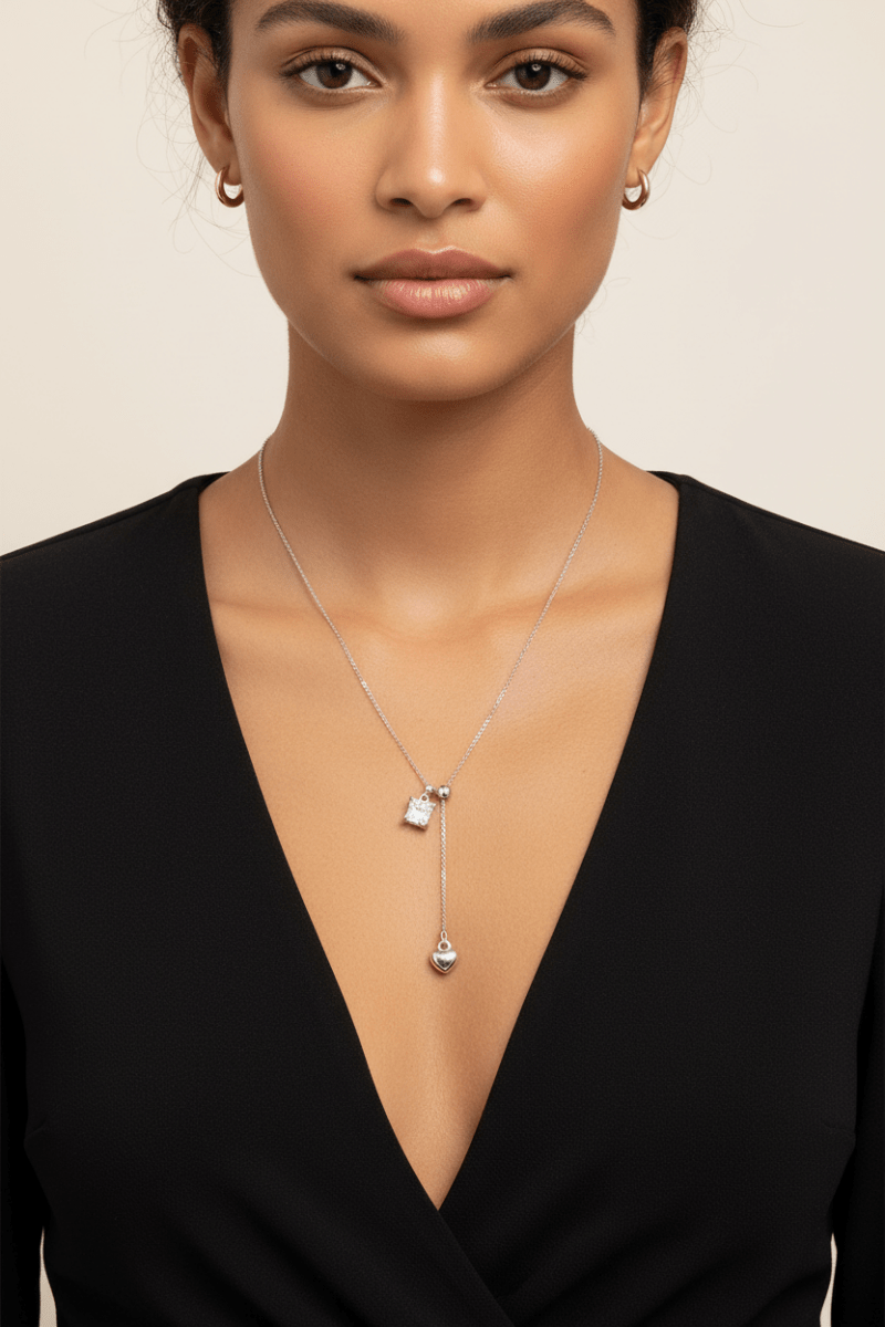 CZ Heart Tassel Necklace – Stainless Steel PVD Plated | Silver & Gold - The PM Edit