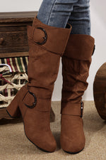 Load image into Gallery viewer, Coffee Suede Double Buckled Side Zipped Mid-calf Boots
