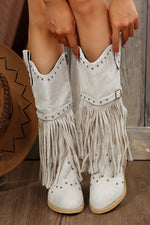 Load image into Gallery viewer, Jet Stream Faux Suede Studded Fringe Trim Heel Boots
