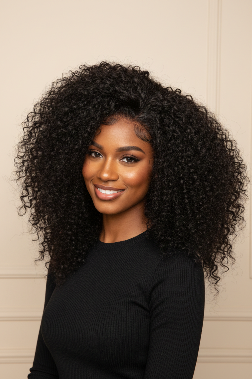 display image of woman wearing #1B Natural Black Messy Curly Half Wig 180% Density
