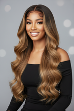 Load image into Gallery viewer, display of woman wearing 30 inch 13X6 P4/27 BODYWAVE OMBRE HIGHLIGHT hair
