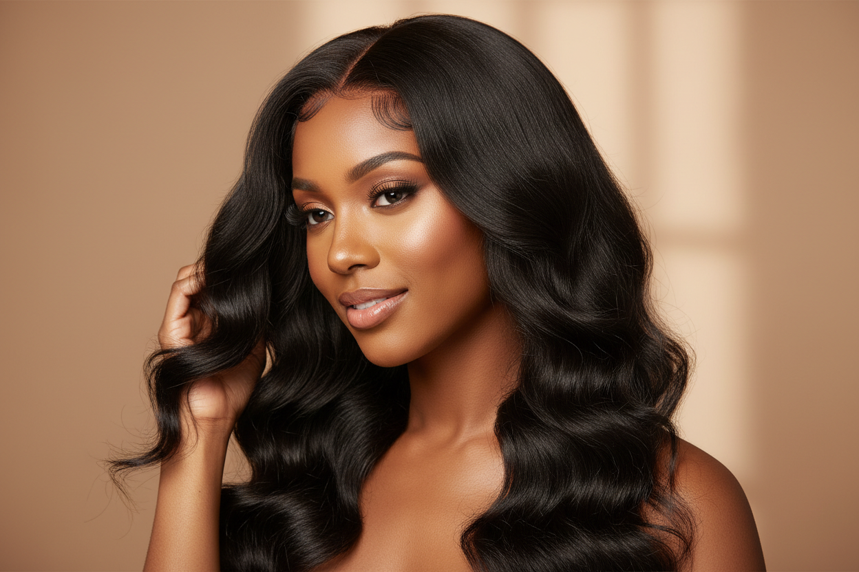 display of woman wearing 5"x5" Body Wavy Wear & Go Glueless #1B Lace Closure Wig-100% Human Hair in 20 inches