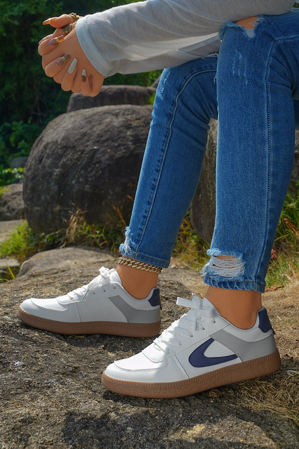 Navy Blue Leather Lace Up Sneakers