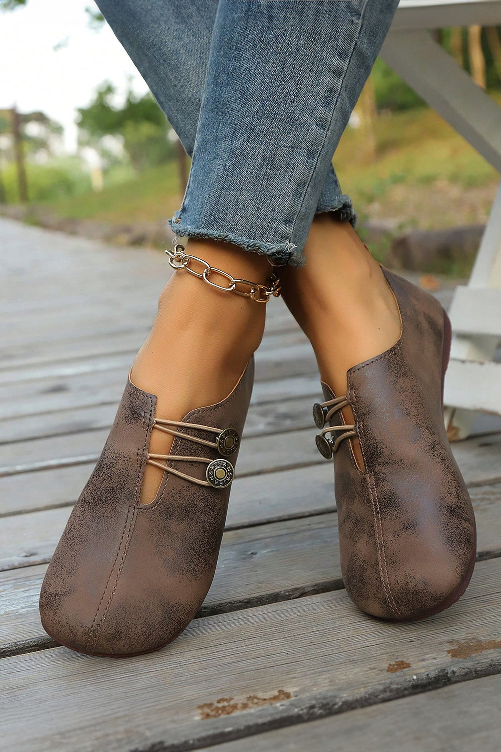 Vintage Button Detail Faux Leather Loafers | Boho Slip-On Flats