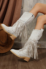 Load image into Gallery viewer, Jet Stream Faux Suede Studded Fringe Trim Heel Boots
