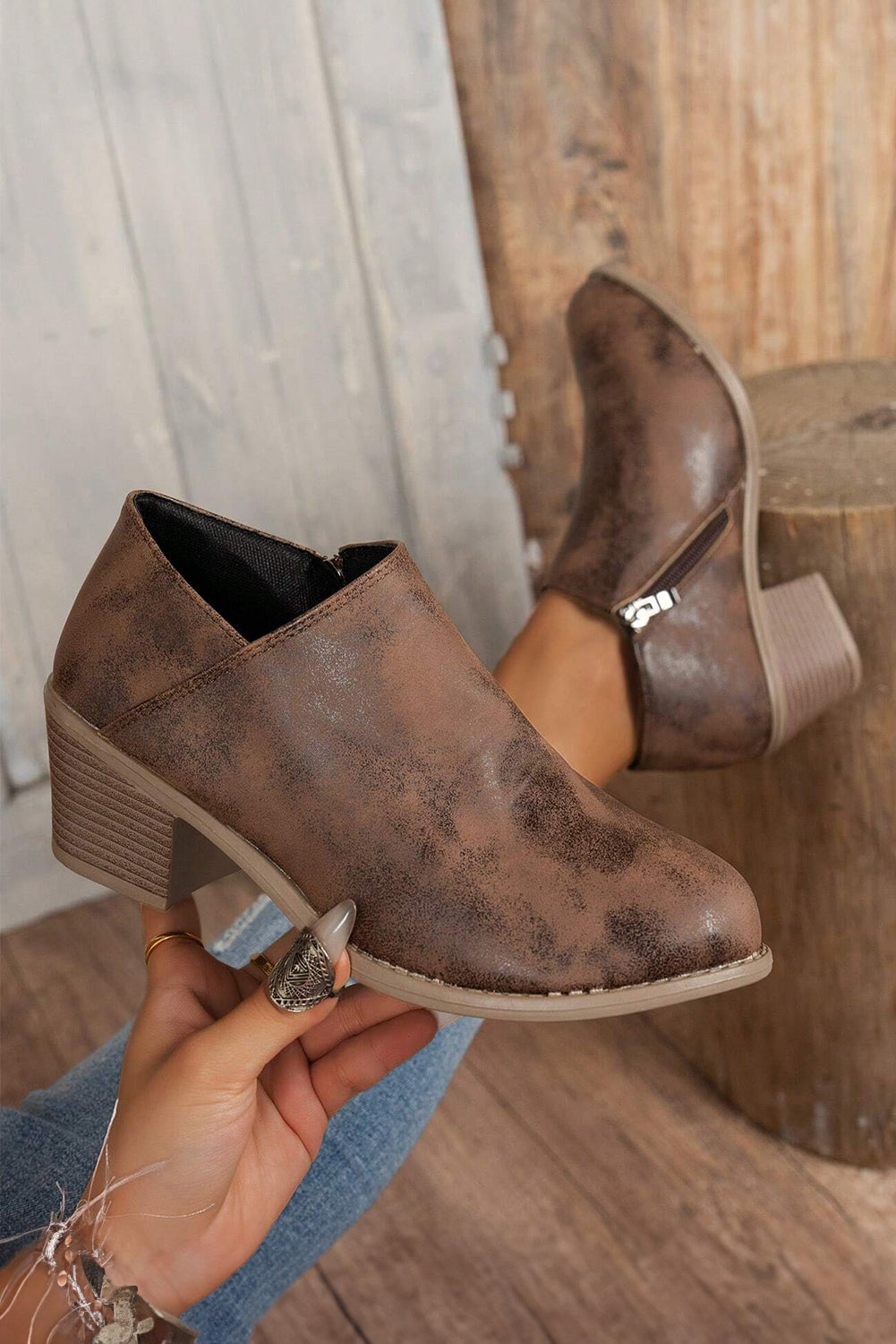 Distressed Suede-Look Side Zip Ankle Bootie