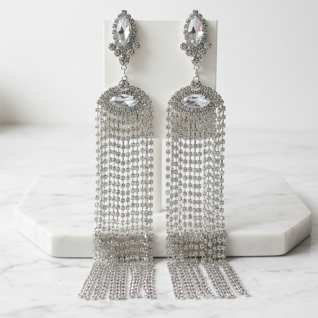 Geometric Crystal Rhinestone Earrings — Silver Display