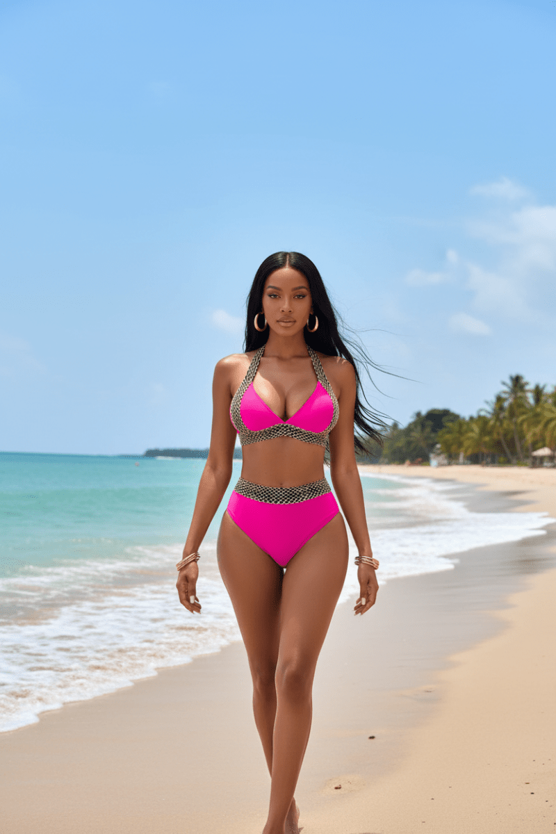 Gold Trim Halter Bikini Set | High - Waist Two - Piece - The PM Edit