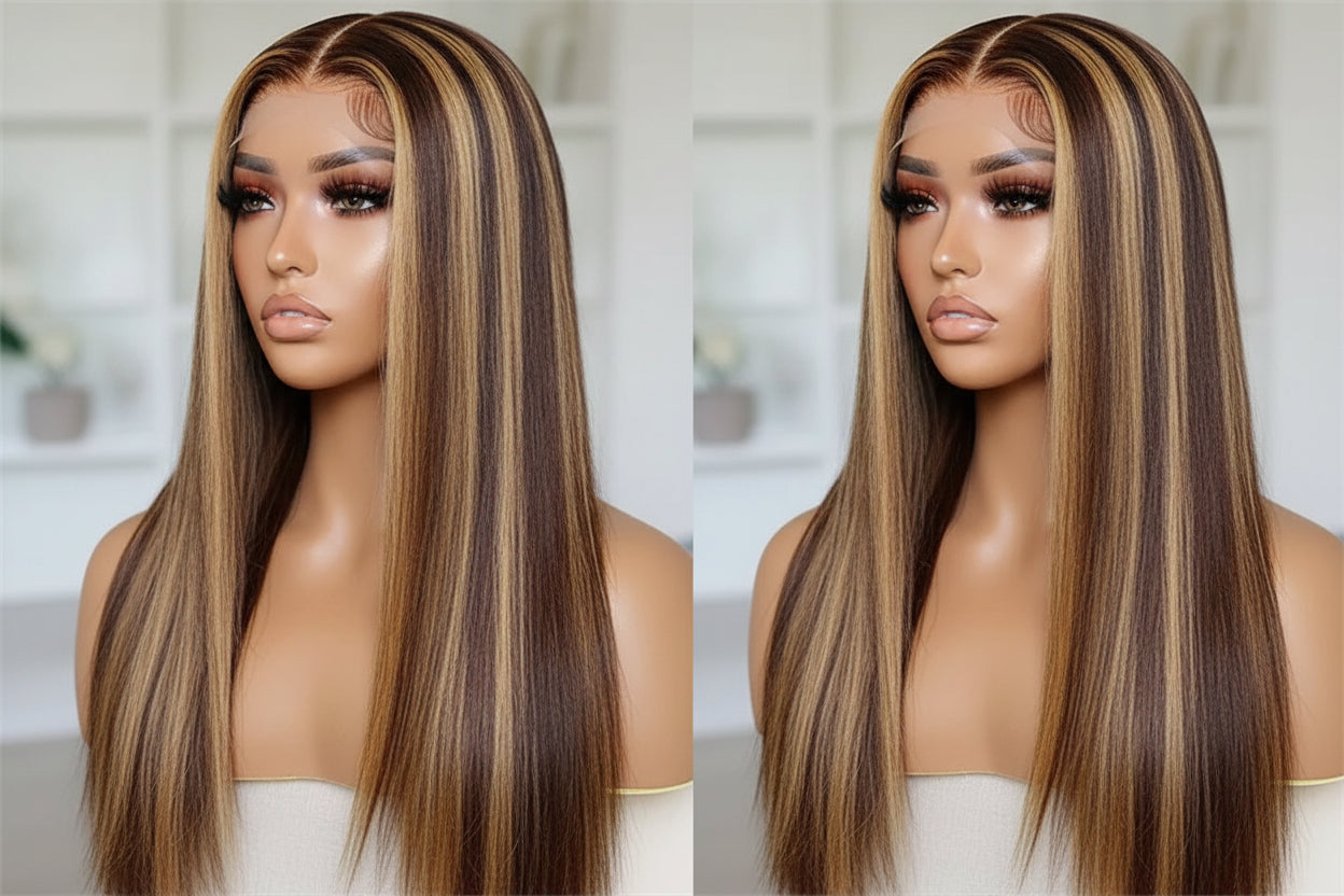 5x5 P4/27 Honey Blonde Ombre Highlight HD Lace Front Wig | 180% Density | 100% Human Hair