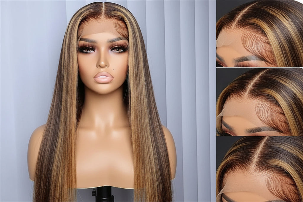 5x5 P4/27 Honey Blonde Ombre Highlight HD Lace Front Wig | 180% Density | 100% Human Hair