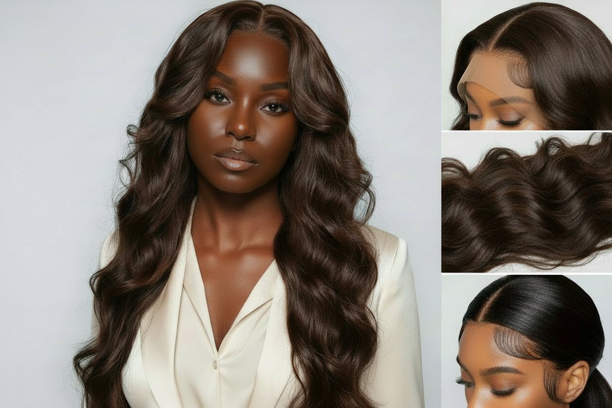 Chocolate Brown Body Wave 13x4 Lace Frontal Wig | HD Lace| 180% Density | 100% Human Hair | Pre Plucked With Baby Hair