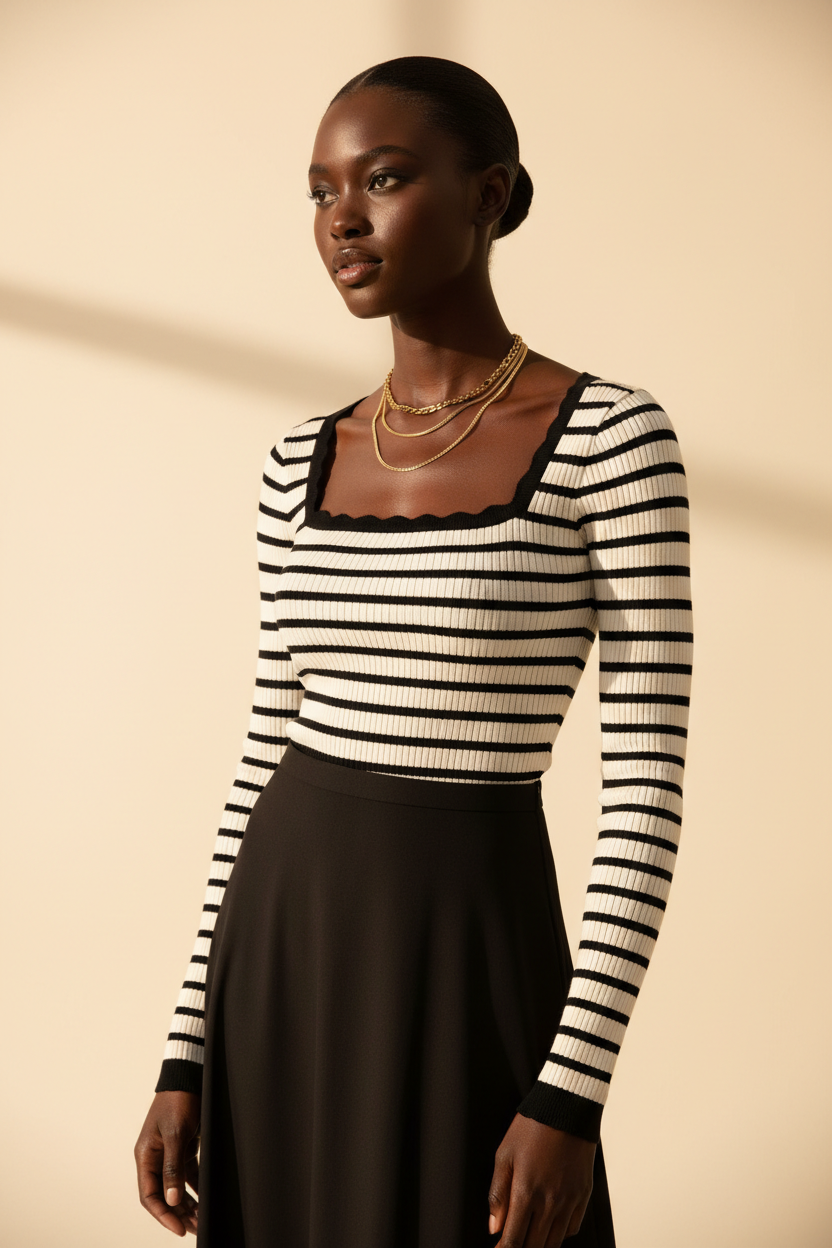 Long Sleeve - Three-quarter, black midi skirt