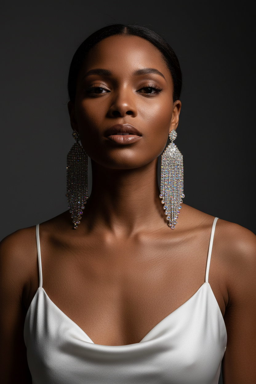 Luxury Tassel Earrings — AB Silver, Full Look