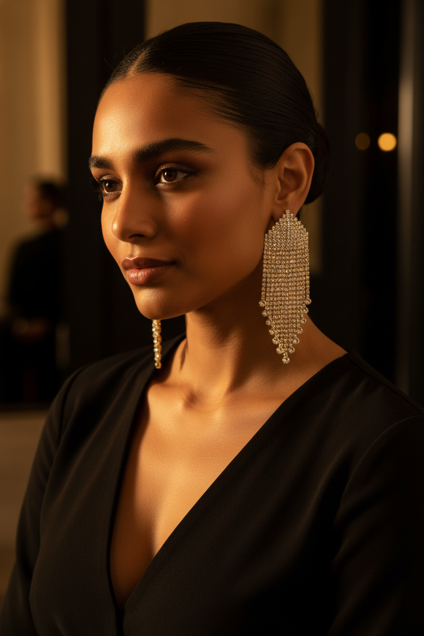 Luxury Tassel Earrings — Gold, Close-Up Portrait