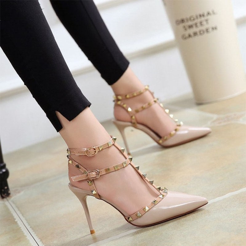 Studded T-Strap Stiletto Heels | Rivet Point Toe Pumps in Beige, Black, Pink & Red