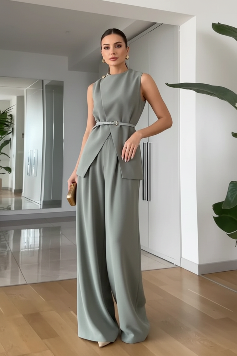 Sleeveless Top & Pants Set | Belted