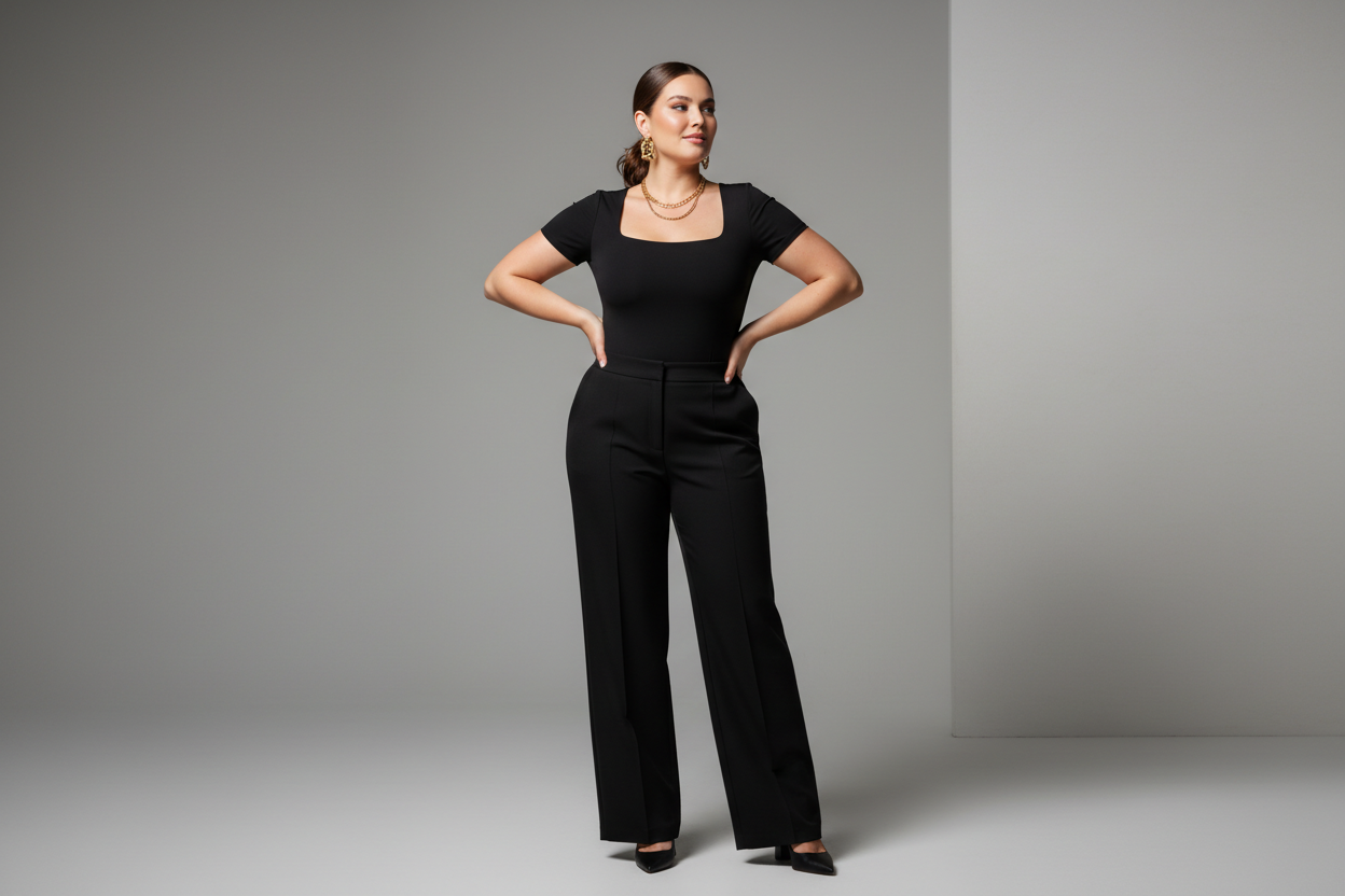 stylish heavy weight woman wearing black Square Neck Short Sleeve Bodysuit
