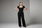 Load image into Gallery viewer, stylish heavy weight woman wearing black Square Neck Short Sleeve Bodysuit
