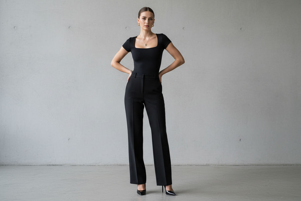 stylish woman wearing black Square Neck Short Sleeve Bodysuit