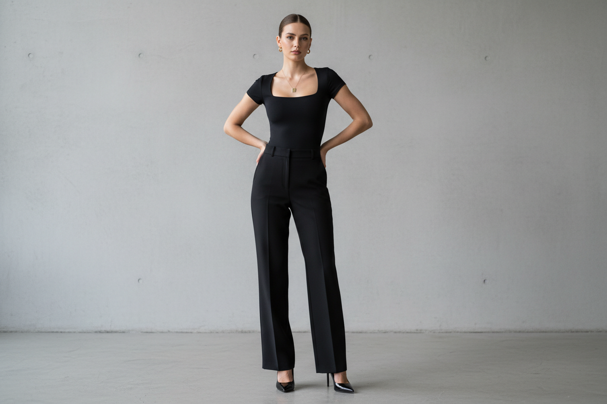 stylish woman wearing black Square Neck Short Sleeve Bodysuit
