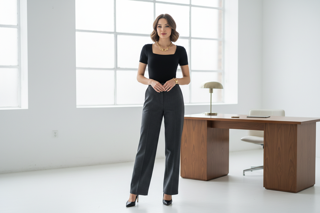 stylish working woman wearing black Square Neck Short Sleeve Bodysuit