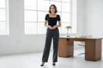 Load image into Gallery viewer, stylish working woman wearing black Square Neck Short Sleeve Bodysuit
