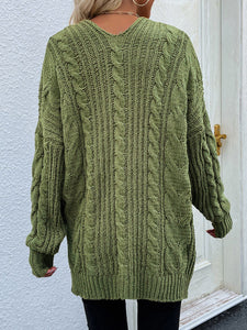 Cable-Knit Open Front Cardigan with Front Pockets