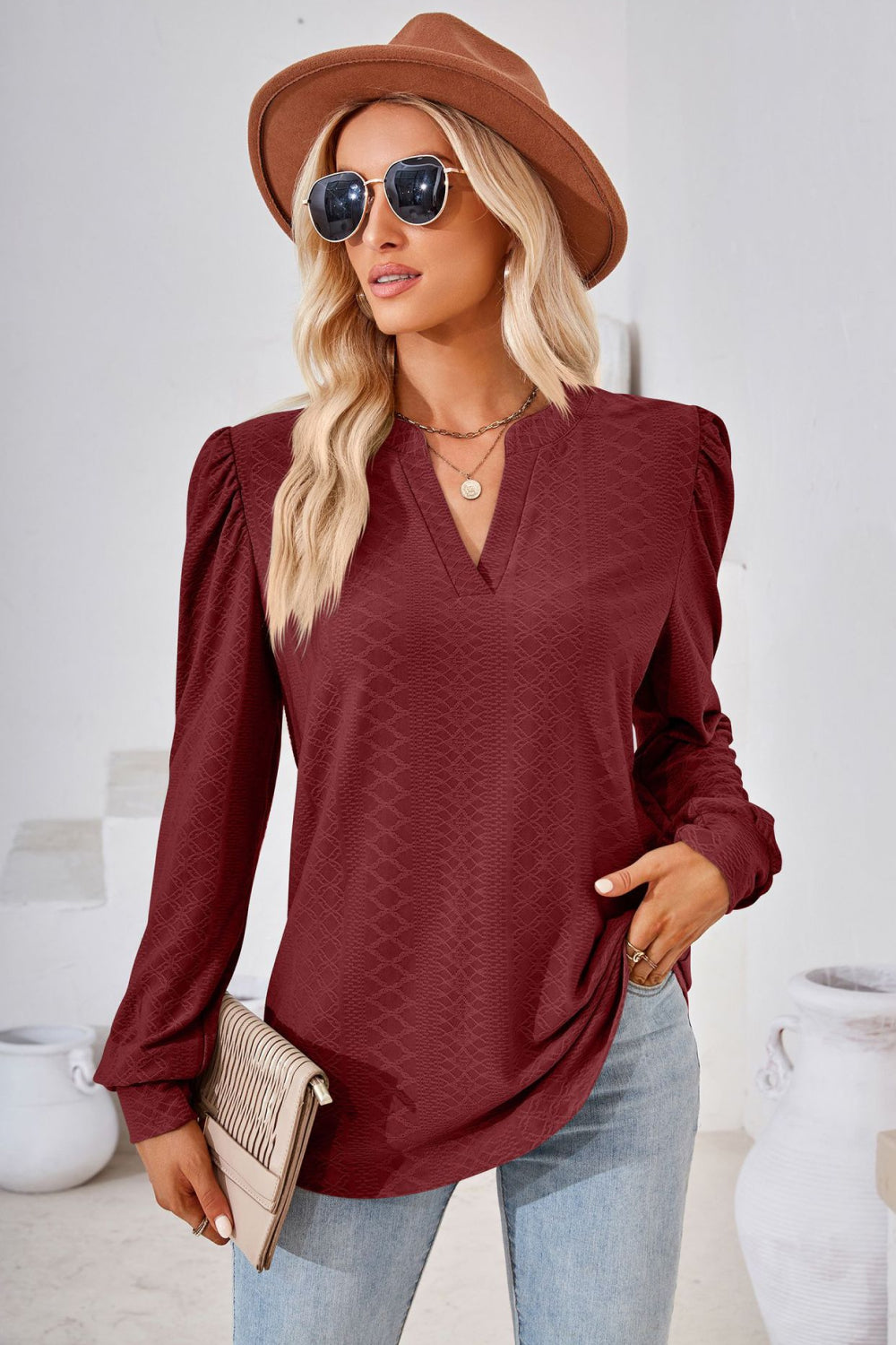 Notched V-Neck Puff Sleeve Blouse