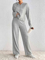 Load image into Gallery viewer, Drawstring Ribbed Hoodie and Straight Leg Pants Set
