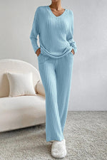 Load image into Gallery viewer, Ribbed V-Neck Top and Pants Set
