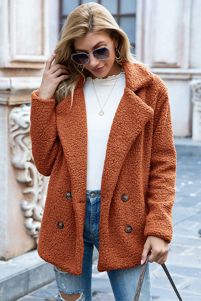 Double-Breasted Lapel Collar Teddy Sherpa Coat
