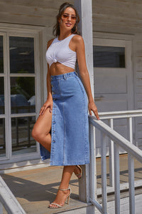 Split Buttoned Denim Skirt