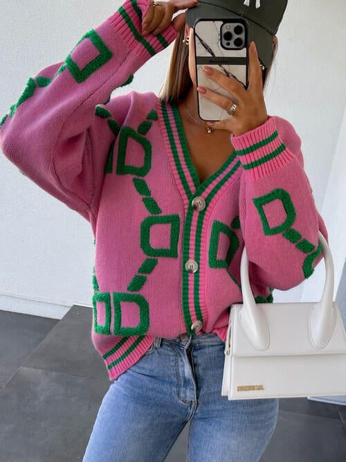 Geometric Dropped Shoulder Button-Down Cardigan