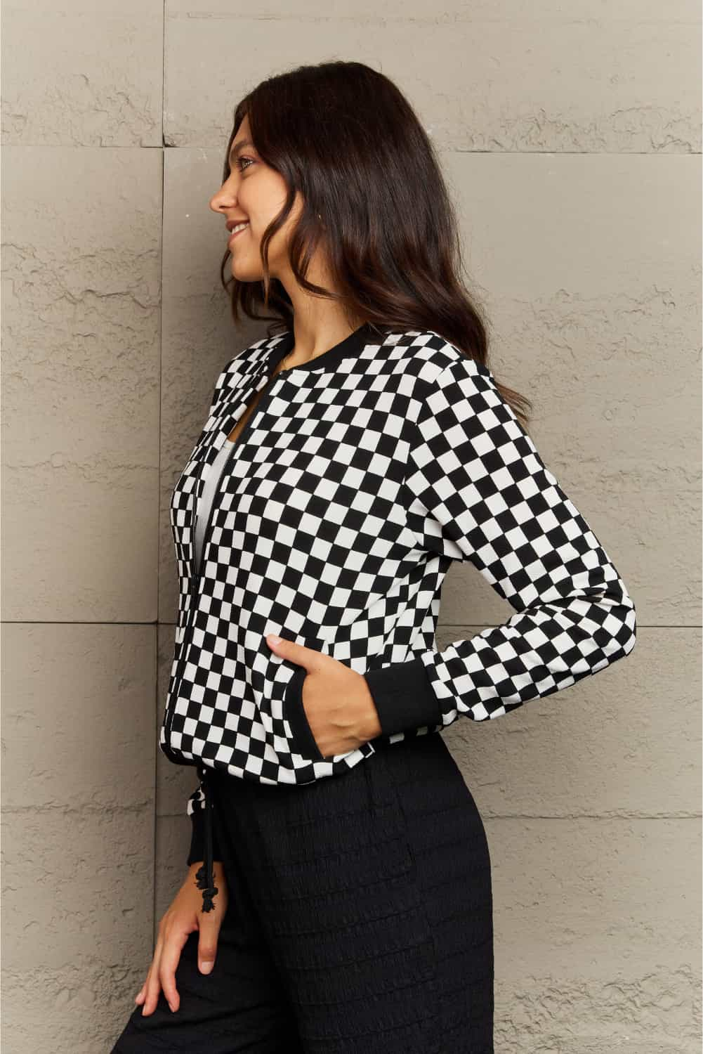 Full Size Plaid Round Neck Long Sleeve Jacket