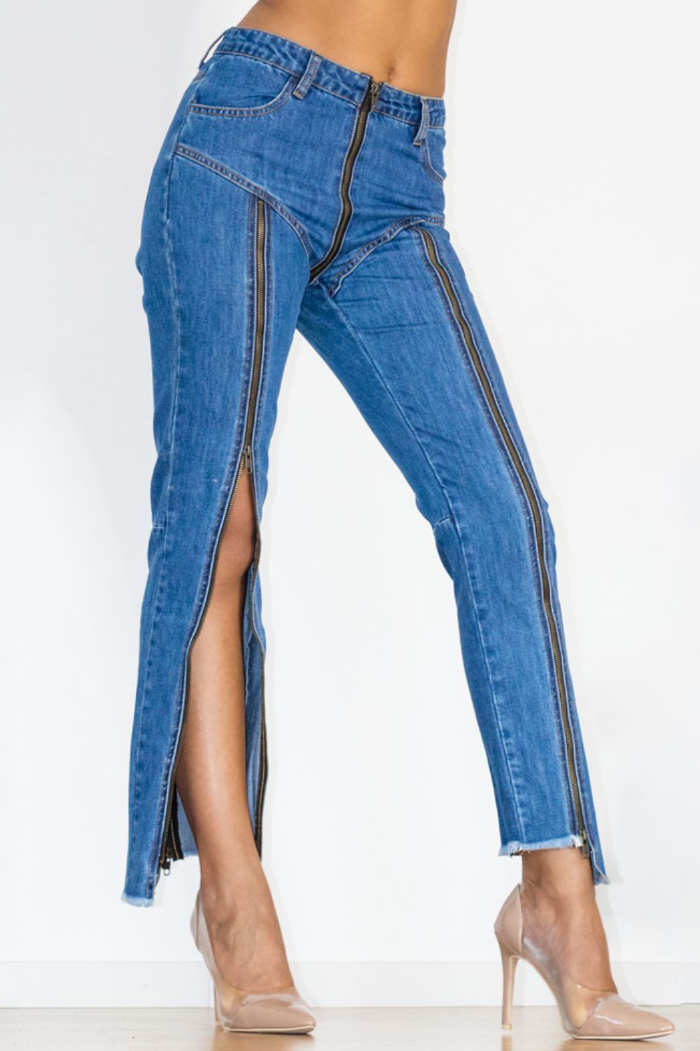 Zip Detail Slit Long Jeans Pants