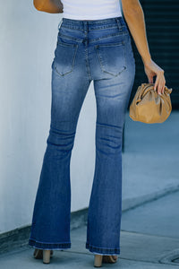 Distressed Button-Fly Flare Jeans Pants