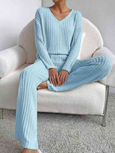 Ribbed V-Neck Long Sleeve Top and Pants Set