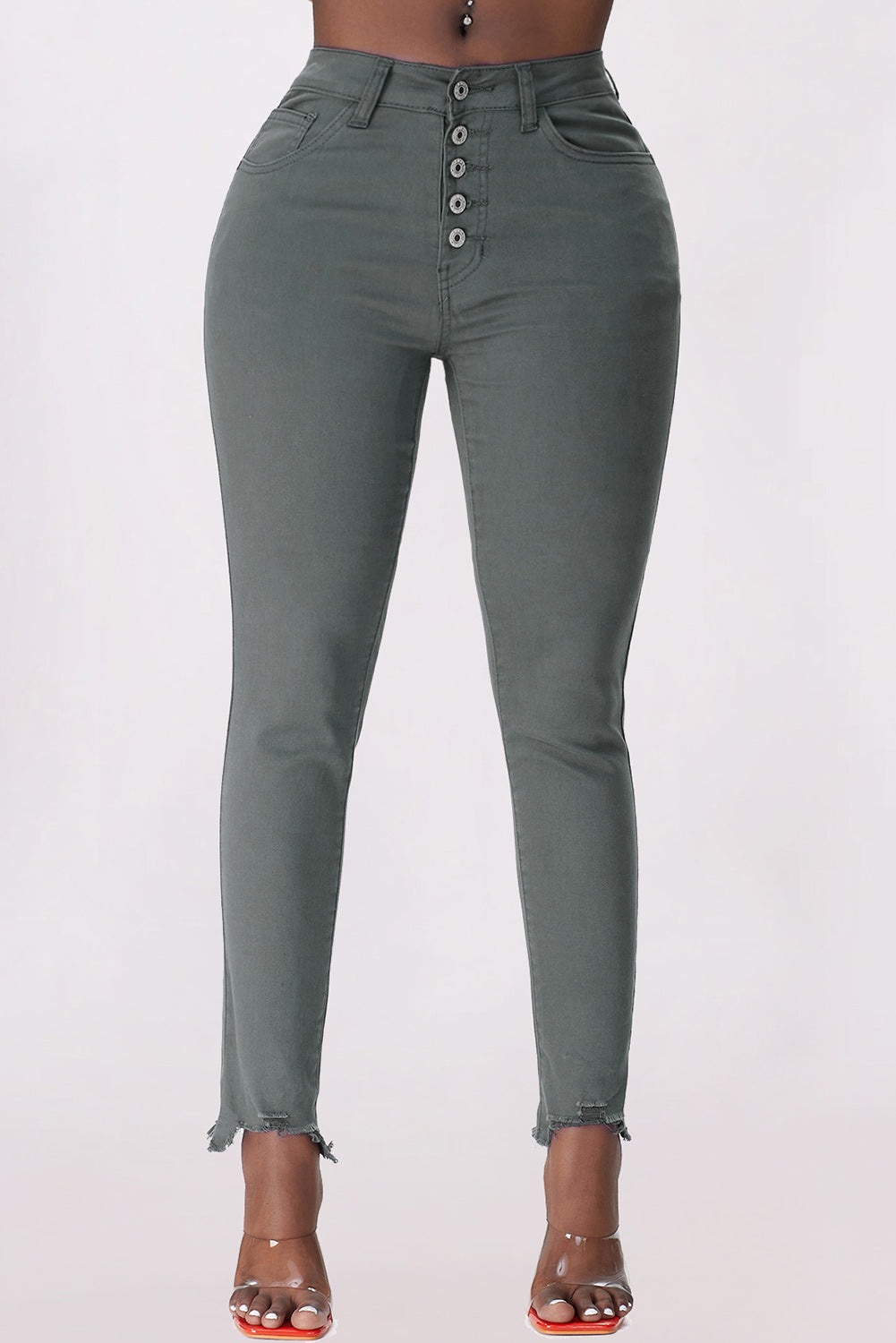 Button Fly Hem Detail Skinny Jean Pants