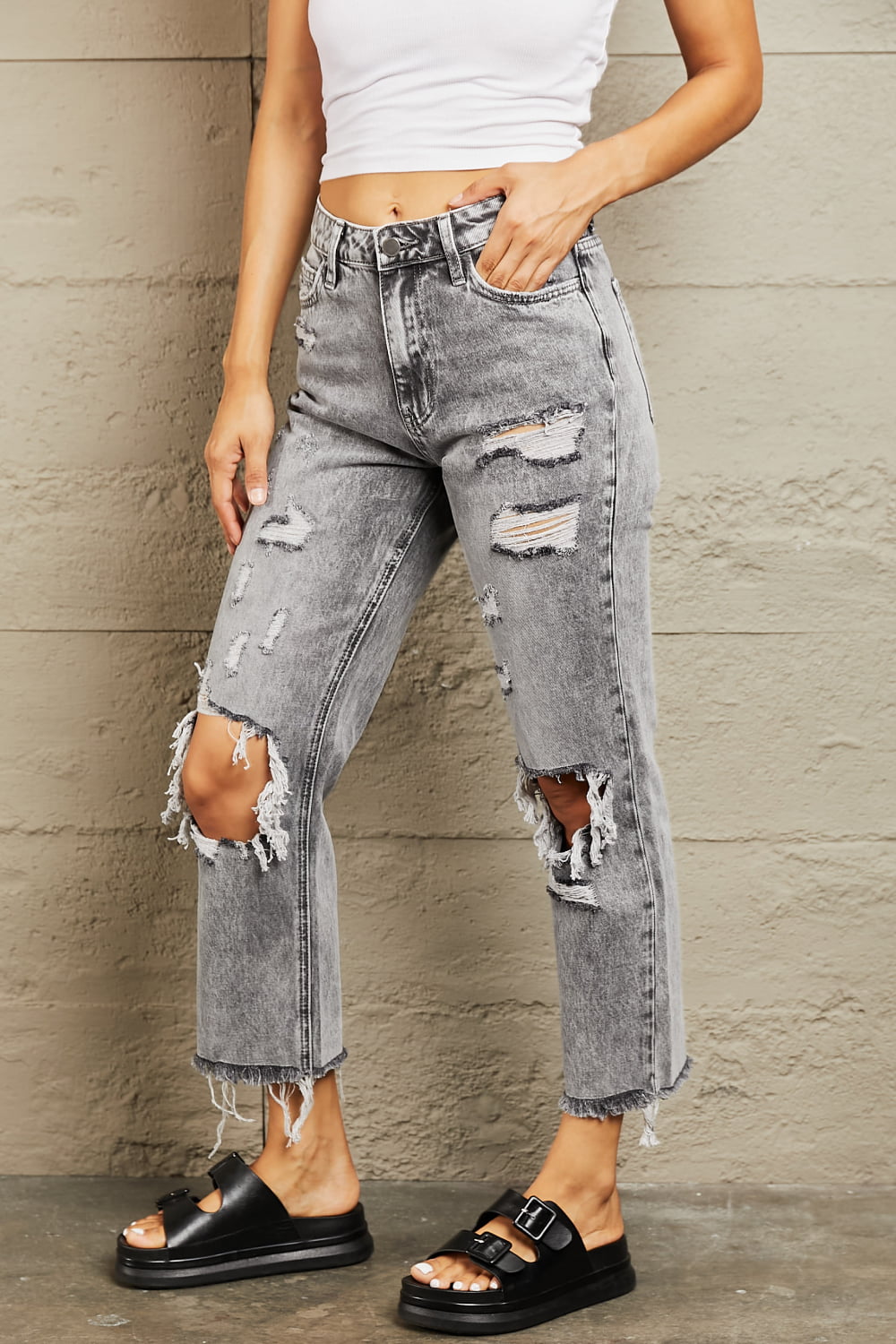 Acid Wash Distressed Straight Jean Pants