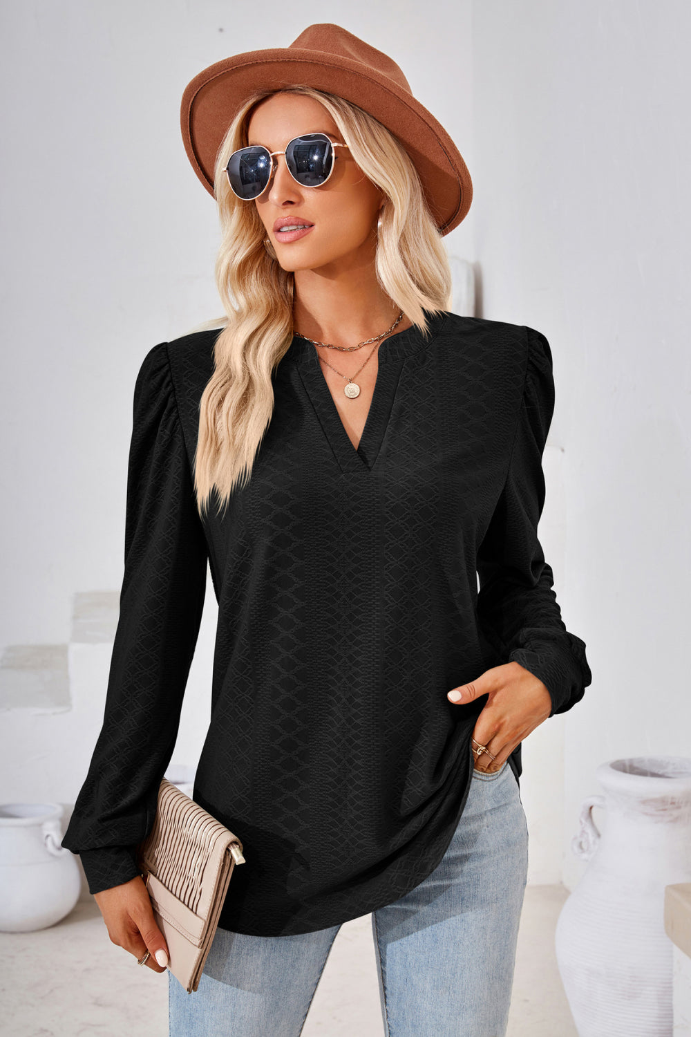 Notched V-Neck Puff Sleeve Blouse