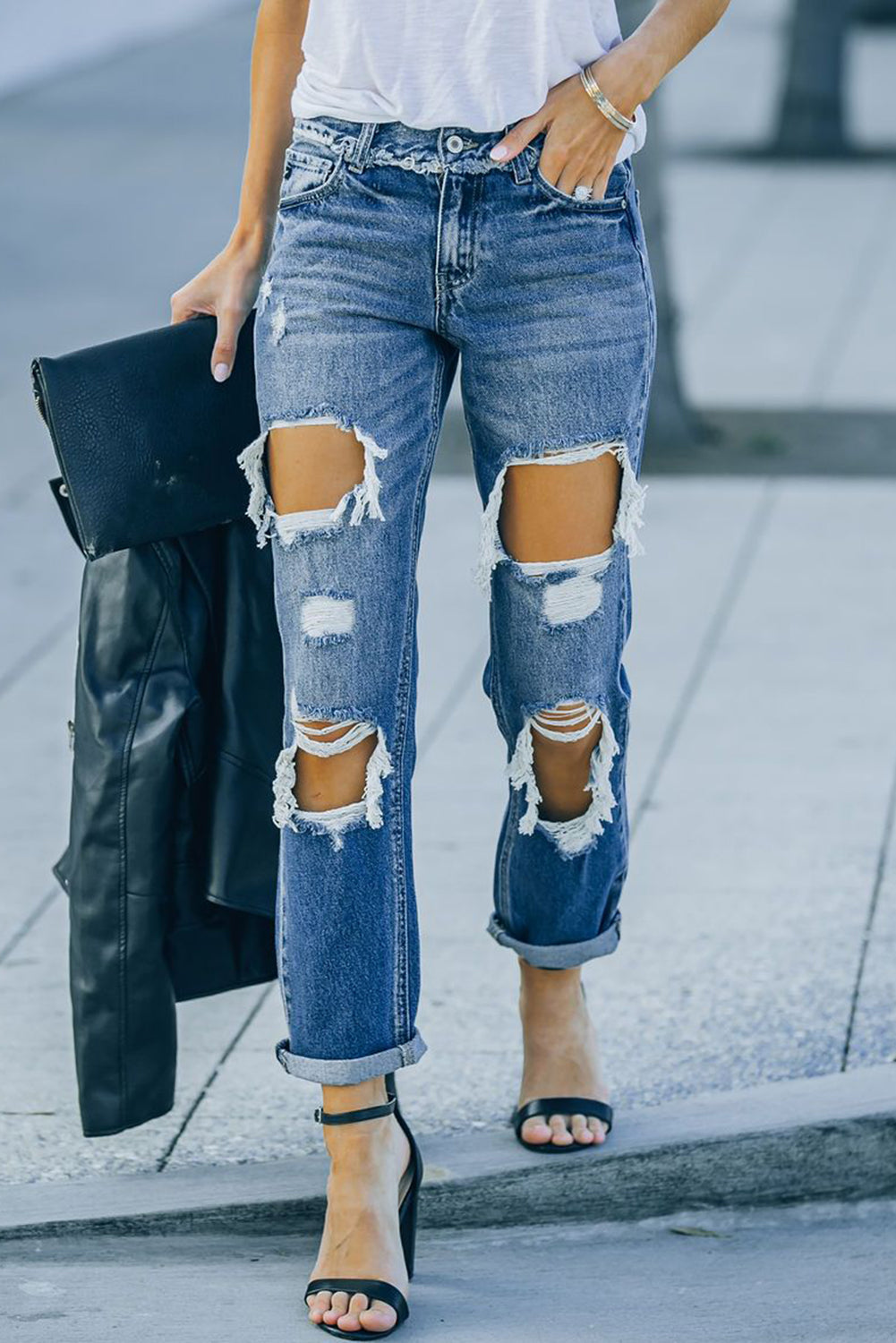 Distressed Frayed Trim Straight Leg Jeans Pants