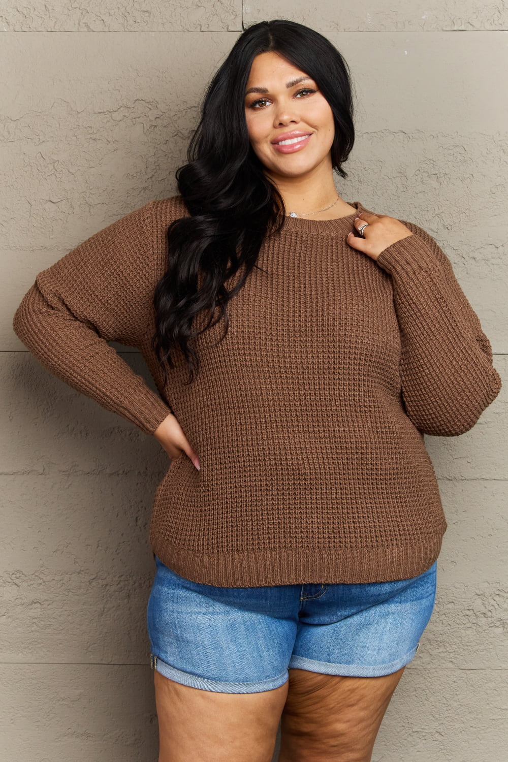 Plus Size High Low Waffle Knit Sweater