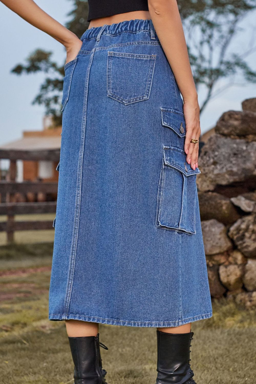 Slit Front Midi Skirt with Pockets